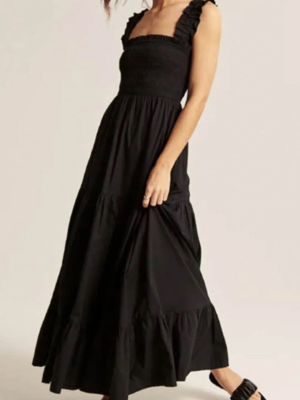 Abercrombie & Fitch Black Ruffle-Strap Smocked Maxi Dress